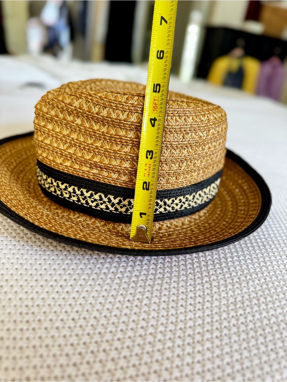 ERIC JAVITS Authentic Squishee Straw Hat UPF 50 Fedora Black Trim Patterned Band - Picture 12 of 14